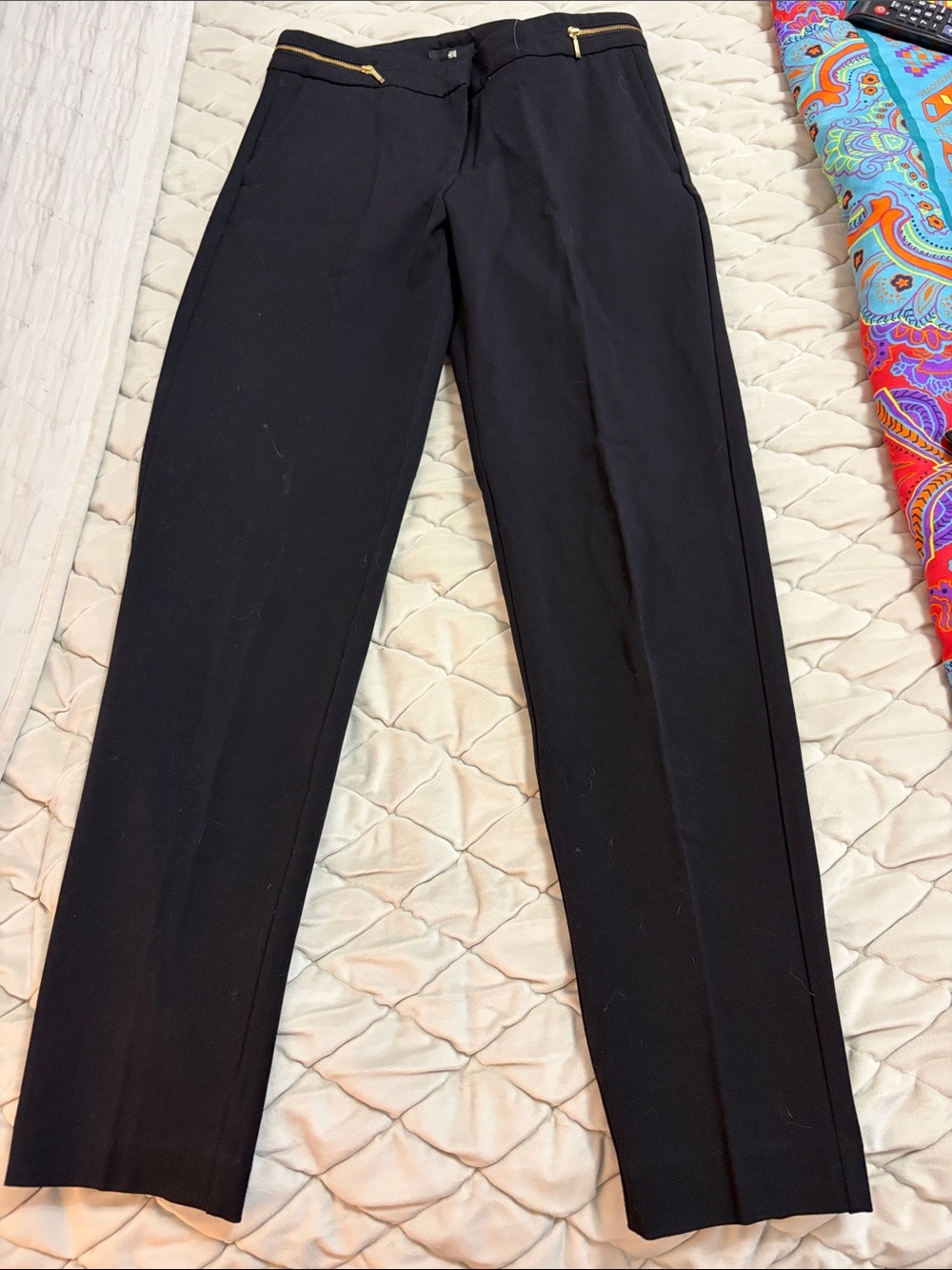 H&M Black Women's Slim Dress Pants with Gold Zip Detail